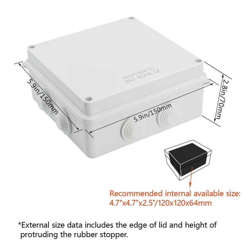 LeMotech ABS Plastic Dustproof Waterproof IP65 Junction Box Universal Electrical Project Enclosure White 5.9 x 5.9 x 2.8 inch (150 x 150 x 70 mm) - Image 2